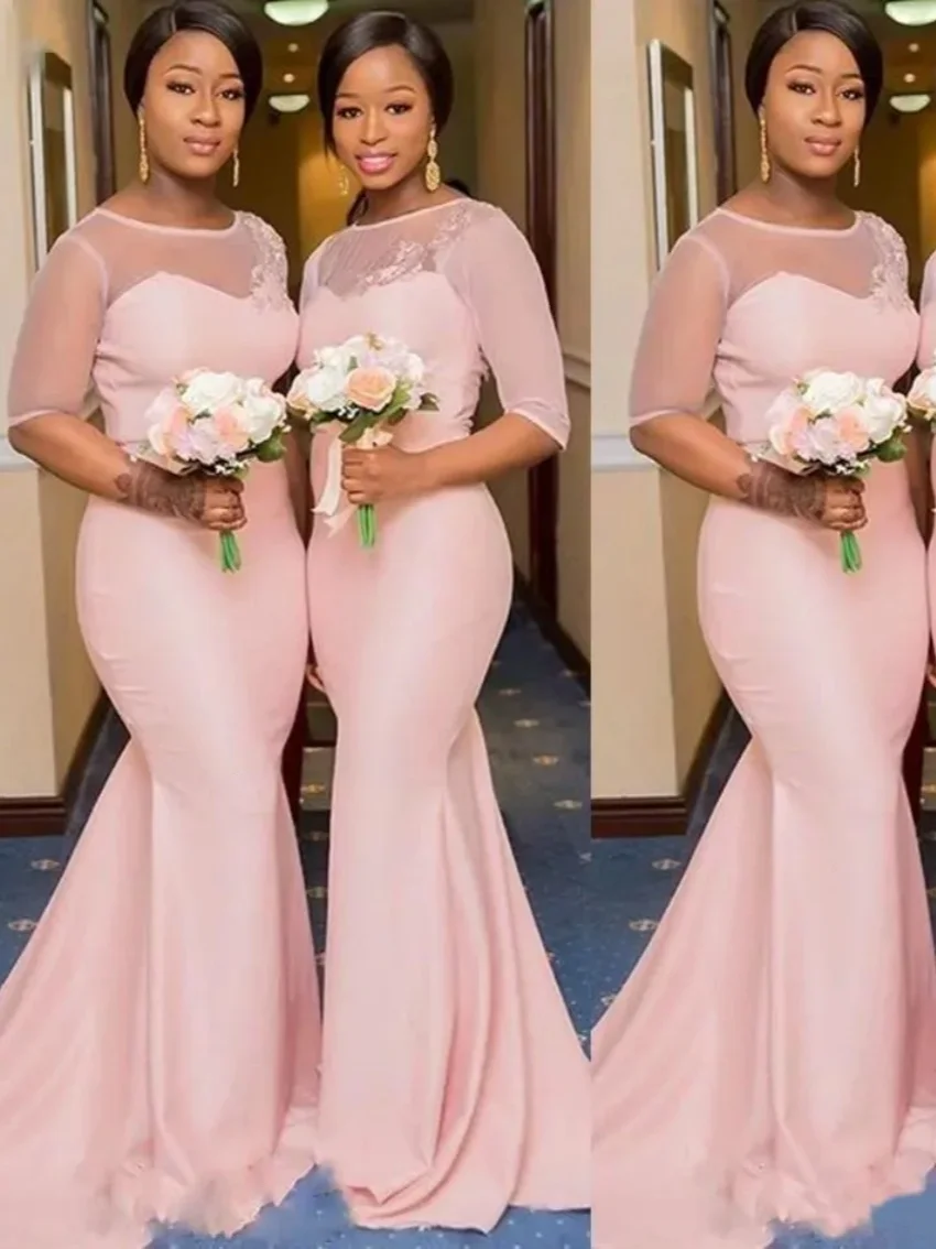 Blush Pink Mermaid Bridesmaid Dresses African Nigerian Sleeved Sheer Lace Collar Plus Size Bridesmaid Wedding Guest Dresses