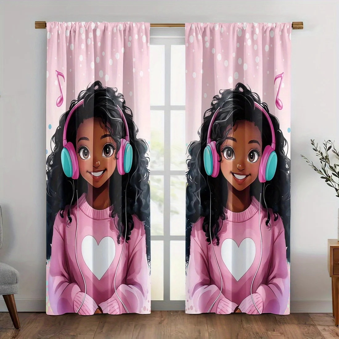 

Розовые шторы с изображением девочки в наушниках, полиэстеровые, светопропускающие, для спальни, гостиной, с узором в виде музыкальных нот и сердец, декор для дома