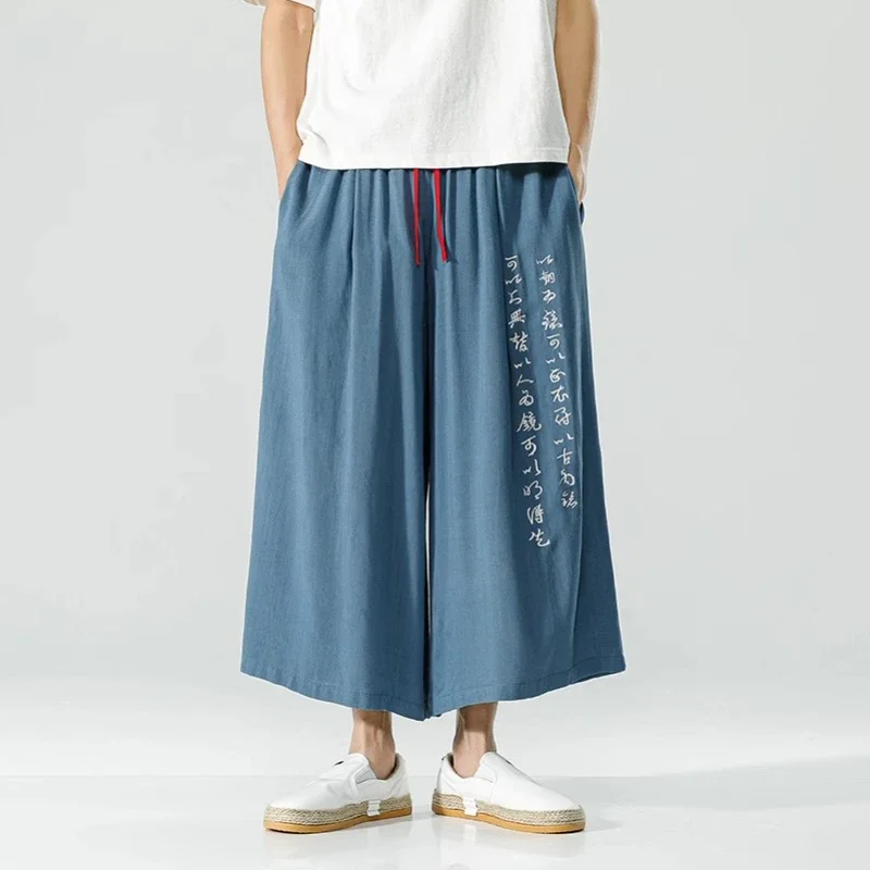 Chinese Calligraphy Embroidered Men\'s Wide-legged Pants Summer Cotton Linen Straight-legged Pants Japanese Retro Casual Pants