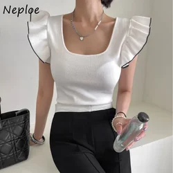 Neploe Fashion Fungus Flying Sleeve T-shirts 2024 Summer New Back Lace Up Tee Shirt Y2k U-neck Slim Fit White Tops Women