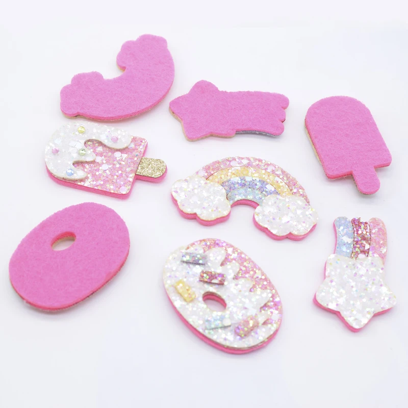 8Pcs Glitter Leather Meteor Rainbow Ice Cream Doughnut Applique for DIY Clothes Hat Headwear Hair Clips Bow Decor Accessories