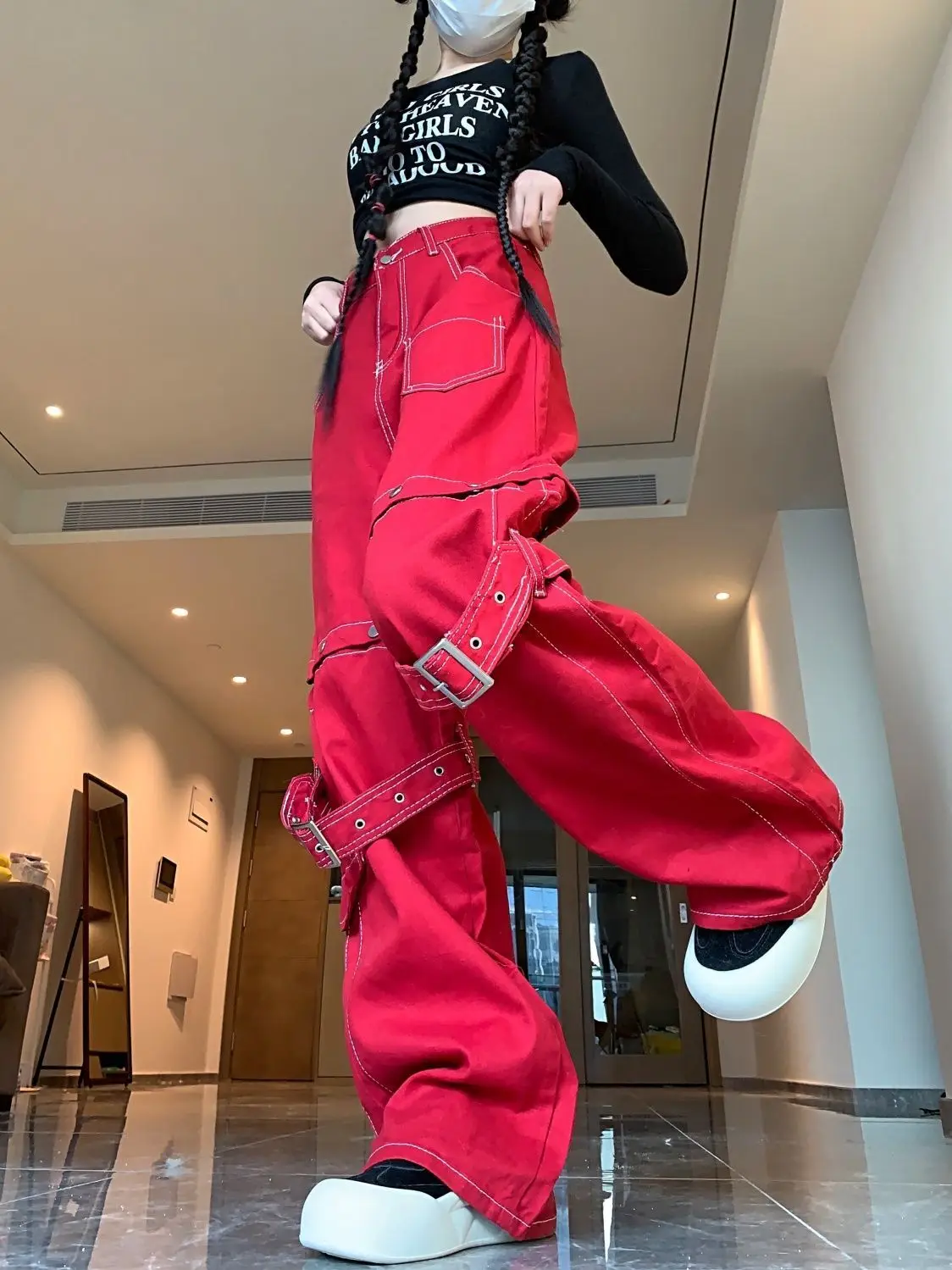 ผู้หญิงสูงเอวVINTAGE Red Cargoกางเกงยีนส์หญิงอเมริกันRetroฤดูร้อนStreetwearขากว้างDENIMกางเกงHip Hopกางเกงตรง