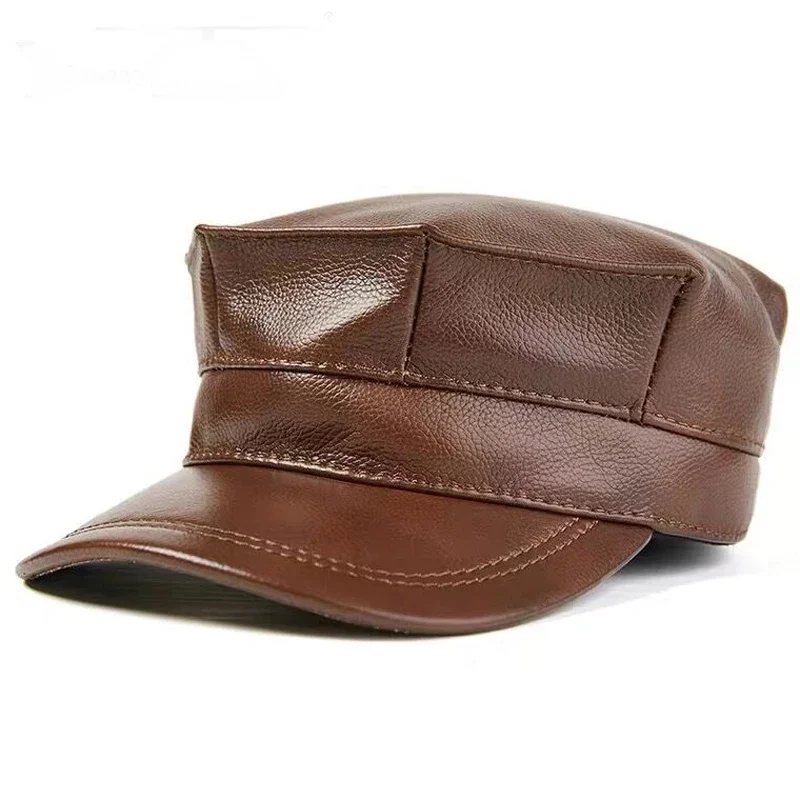 New  wholesale Winter Thermal Genuine Leather Hats Woman Cap Cadet Cap Man Military hat Cowhide Leather Cap