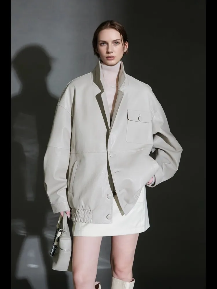 Lautaro ฤดูใบไม้ผลิฤดูใบไม้ร่วงขนาดใหญ่กันน้ํา Distressed สีน้ําตาล Pu แจ็คเก็ตหนังผู้หญิงเดี่ยว Breasted Luxury Designer เสื้อผ้า 2025