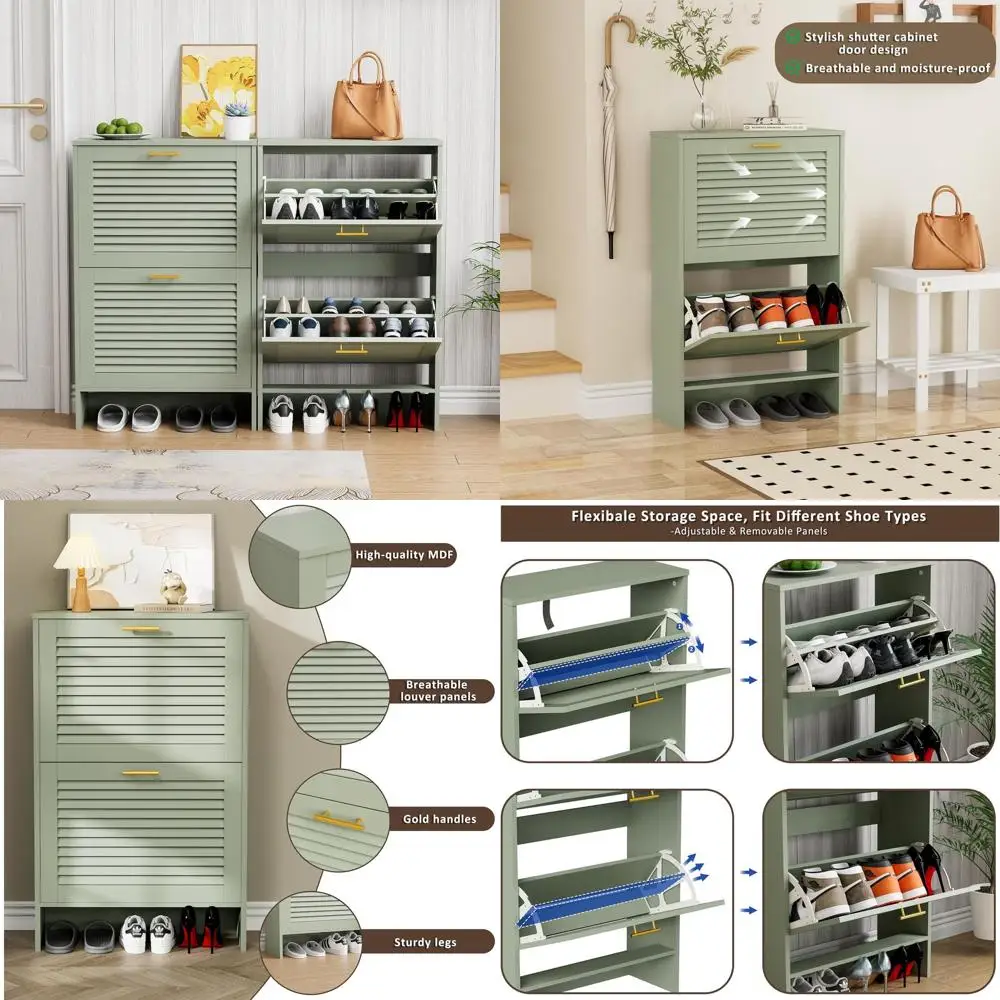 

Green Louvered Shoe Storage Cabinet with Flip Drawers for Entryway and Hallway