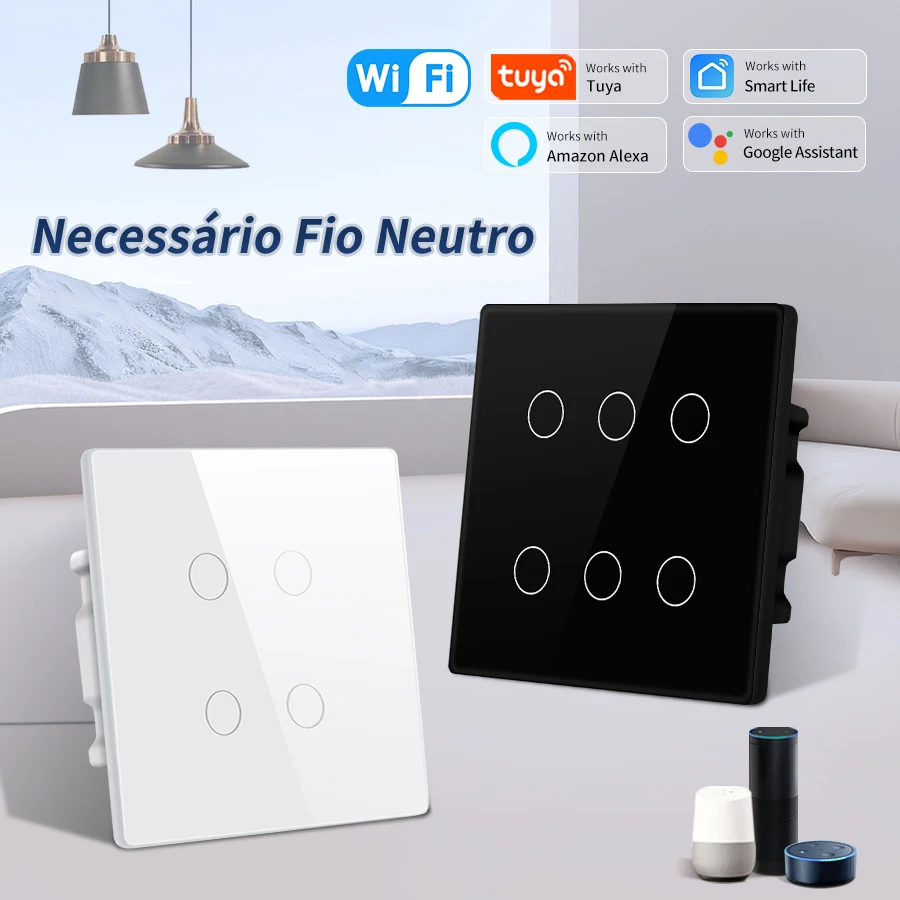 Tuya Brasil 4x4 WiFi Interruptor De Luz Inteligente Neutro Necessária 4/6/8 Gangue Parede 110-240V Controle Remoto Funciona Com Alexa Google Home