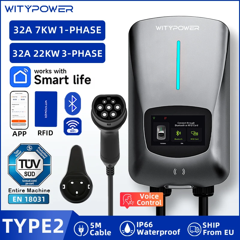 WityPower Stazione di ricarica per veicoli elettrici Wallbox 7KW Type2 22KW EV Caricabatteria per auto con controllo vocale APP per IEC62196 Tesla BYD