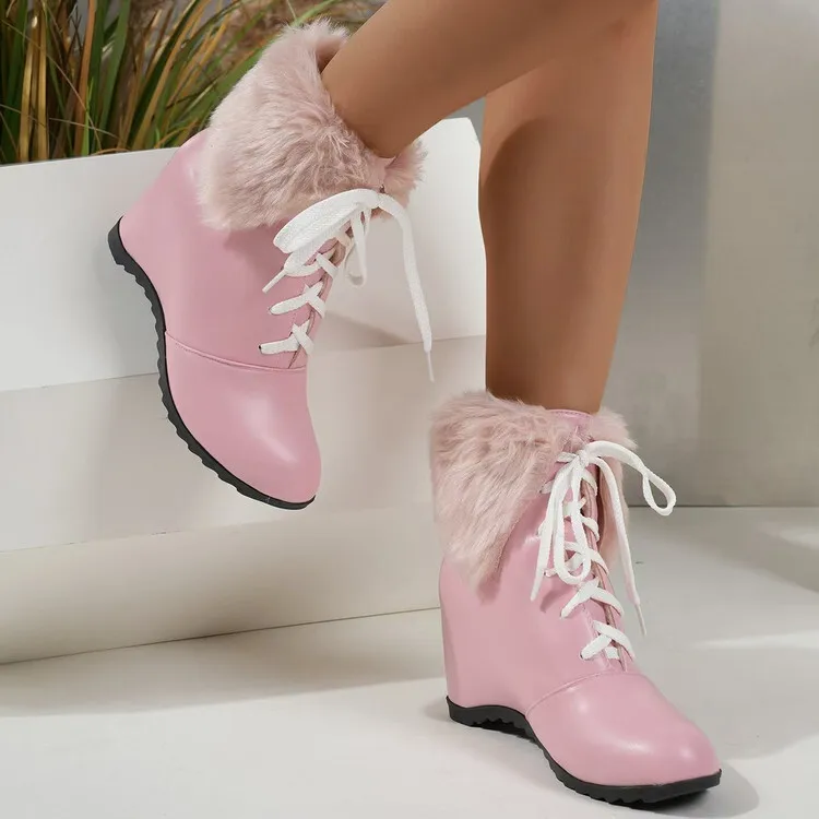 White Women Warm Fleece Snow Boots Cute Sweet Ladies Cosplay Lolita Ankle Booties Shoes Girls Block Heels Footwear Pink Black
