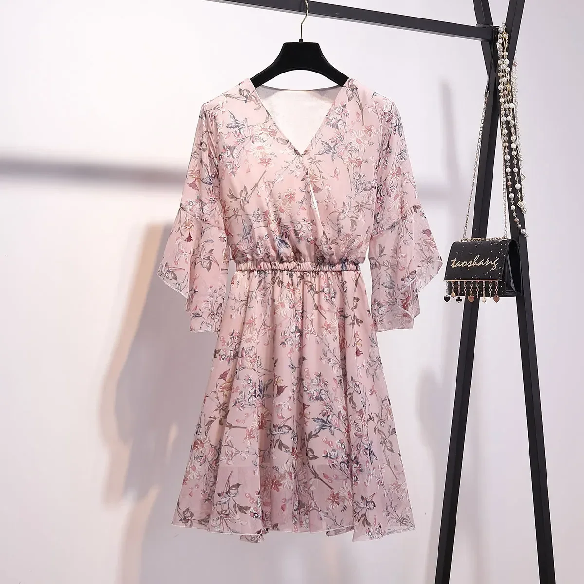 

Summer Sweet V-neck Fairy Floral Print Mididress Elastic Waist Ruffles Sleeve Chiffon Slim Dress Cottagecore Clothes for Women