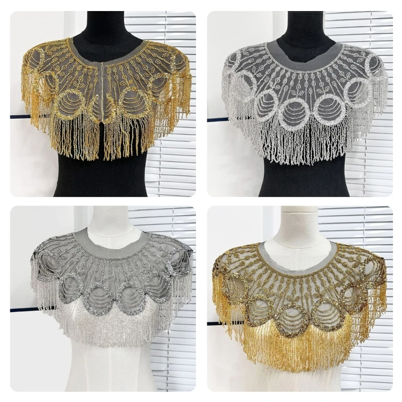 Women's 1920s Beaded Tassels Embroidery Sequins Shawl Wrap Fringed Evening Party Capes Wedding Bridal Cover Up Scarf