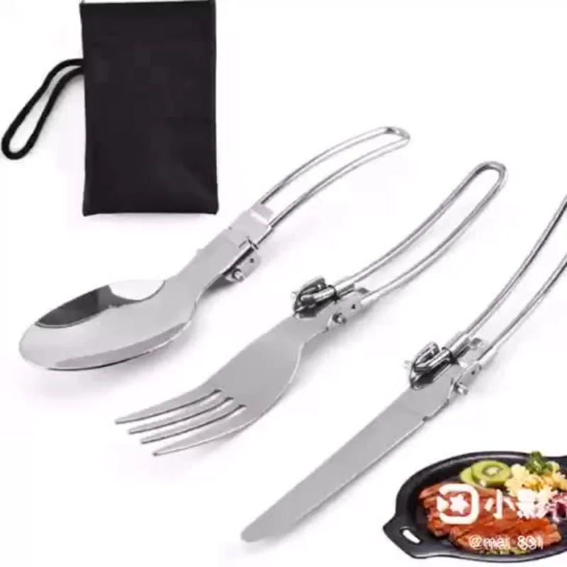 3pcs/set Outdoor Camping Picnic Tableware Stainless Steel Portable Folding Spoon Fork Camping Cooking Picnic Set