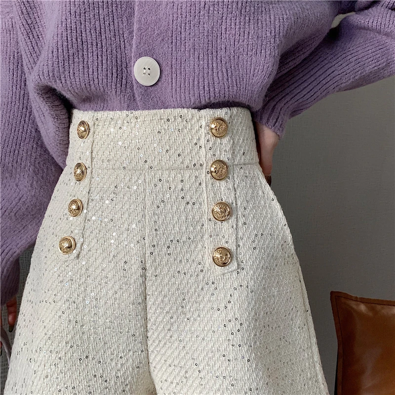 여성용 빈티지 더블 브레스트 캐주얼 반바지, 하이웨이스트 A라인 와이드 레그, 여성 하의, 골든 버튼, 우아한 오피스 레이디 섹시