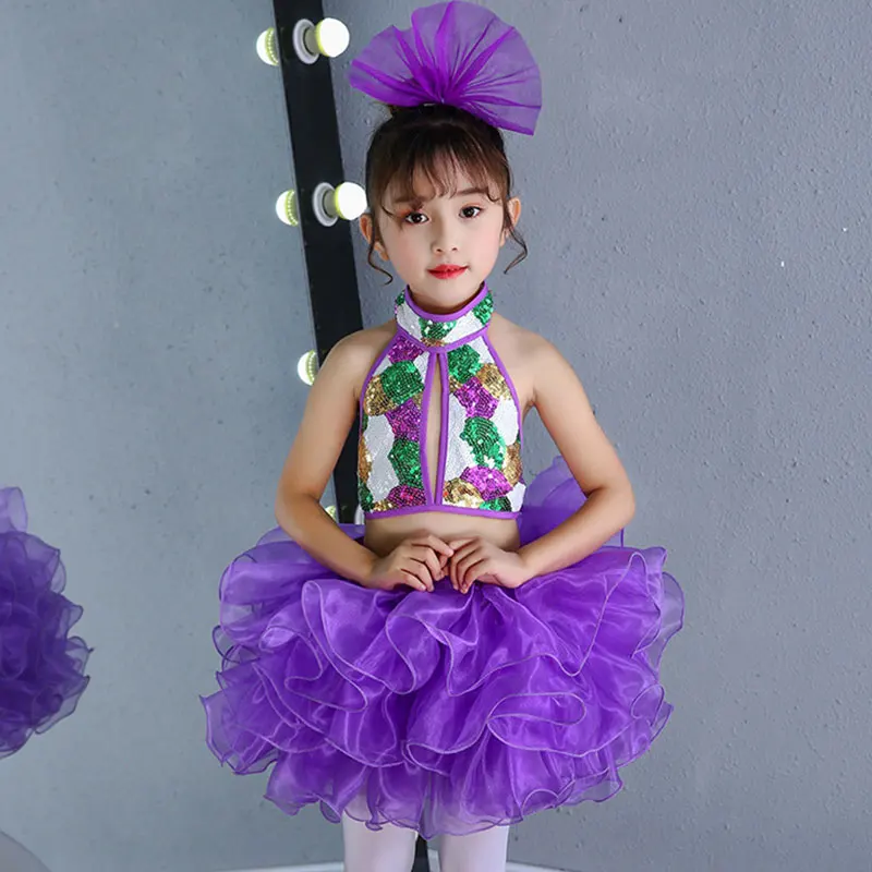 

3 шт., комплект танцевальных костюмов с блестками для девочек, джаз, сальса, румба, латинский балет, самба, танго, блестящая современная детская танцевальная одежда, сверкающая юбка