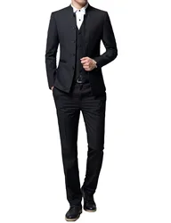 Black Men's Stand Collar 3-Piece Suit Five Buttons Jacket Trousers & Waistcoat for Wedding/Business Slim Fit Party Prom Suits