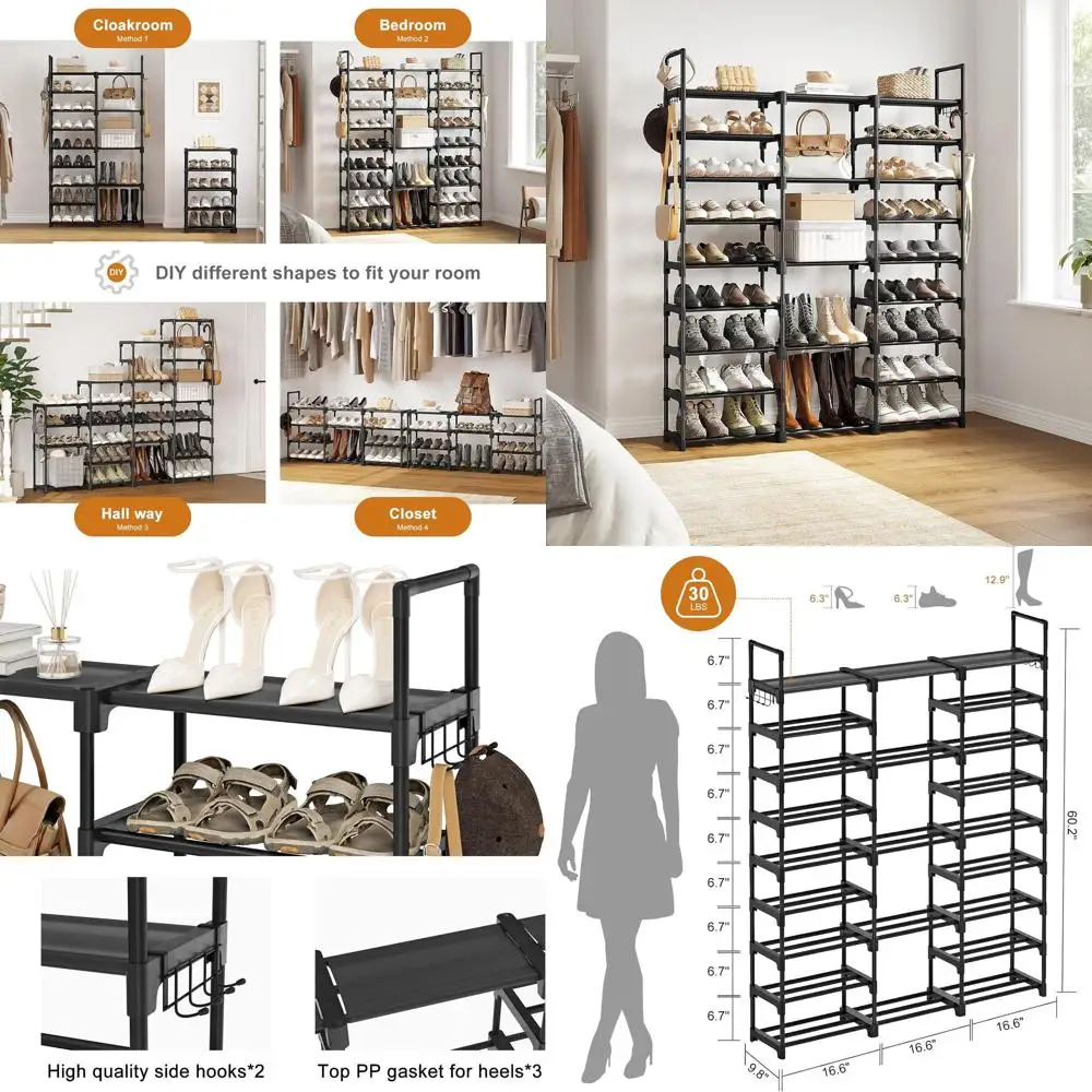 

Large 50-55 Pair Stackable Shoe Rack Organizer with Metal Pipes and Plastic Connectors, Black