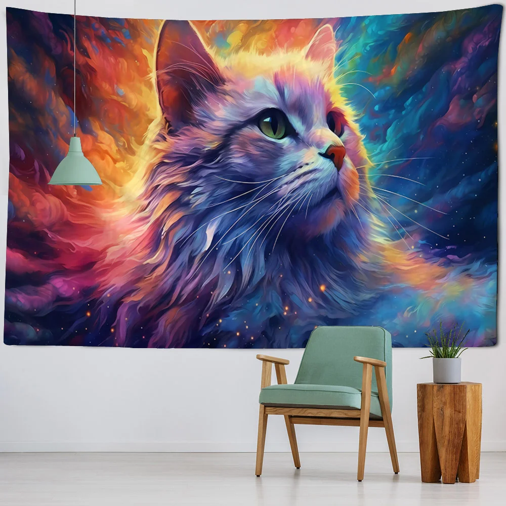 色の壁にぶら下がっている猫のタペストリー、itchcraft、生活寮の動物、美的部屋の装飾、夢のような背景布