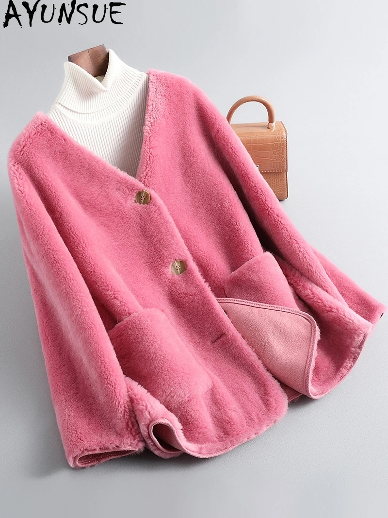 AYUNSUE Damenjacke aus natürlicher Wolle, Herbst, kurze, elegante Jacken für Damen, Kleidung, elegante Pelzjacke mit V-Ausschnitt, 2025, Abrigo Mujer