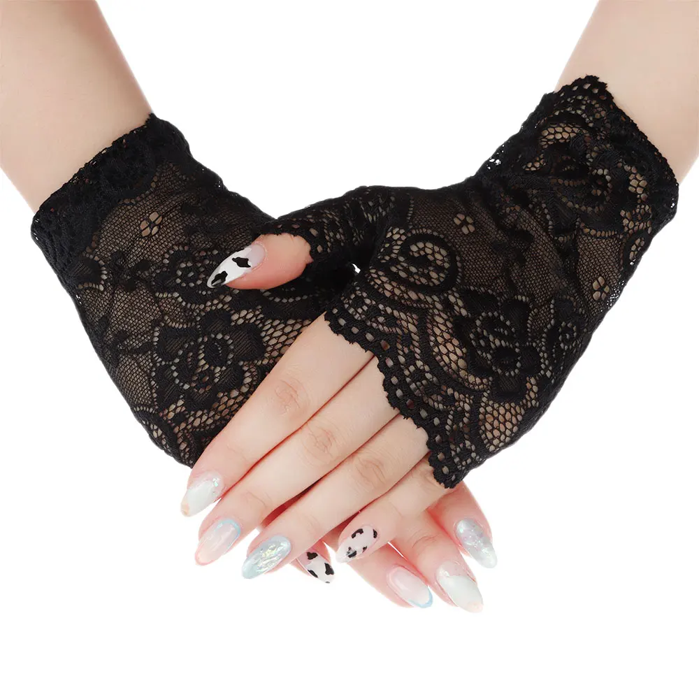 Fashion Half Finger Lace Gloves for Women Spring Summer Sunscreen Driving Gloves Fingerless Mittens Short Gloves Black Beige Red