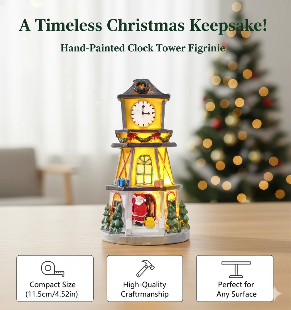 

Рождественские часы из смолы с подсветкой, башня, украшение для стола, дом Санта-Клауса, светодиодный ночник для праздничного украшения дома, подарок для спальни 2025