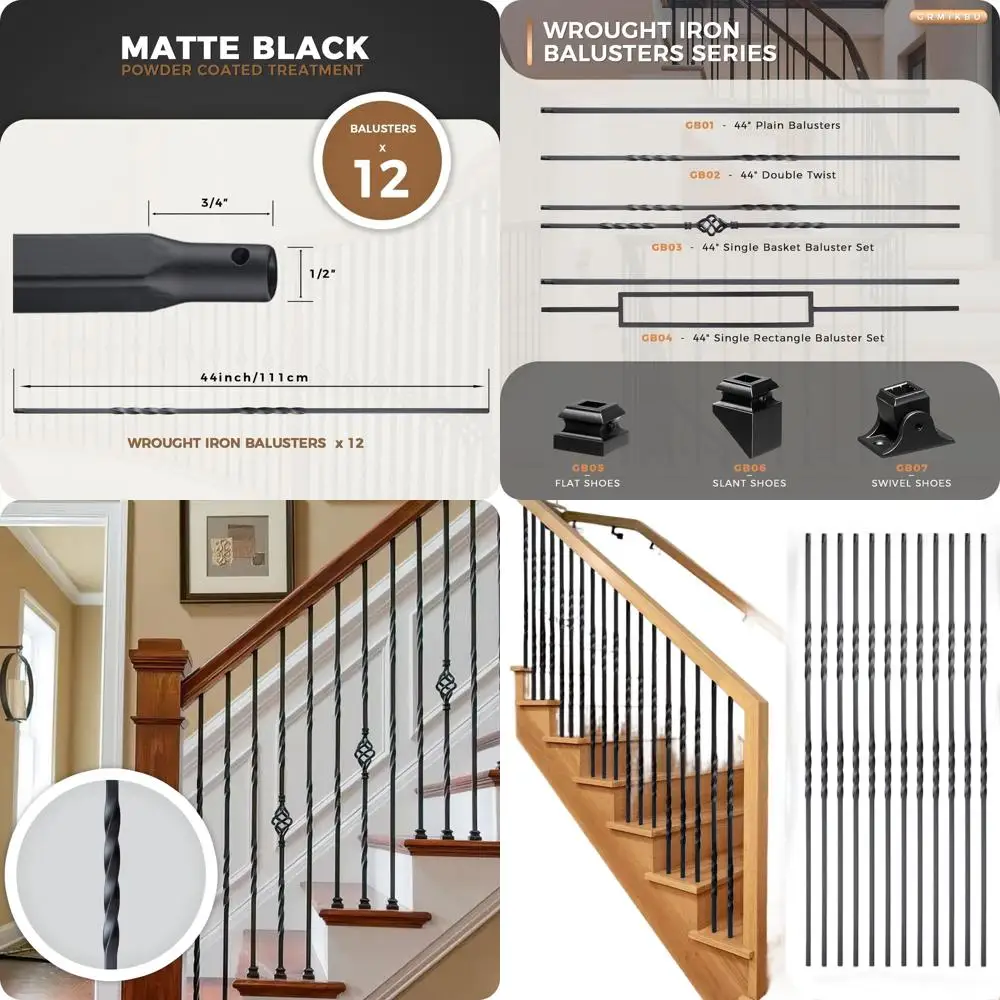 

1000 Wrought Iron Deck Balusters, 44-Inch Metal Railings for Staircase (Set of 2)