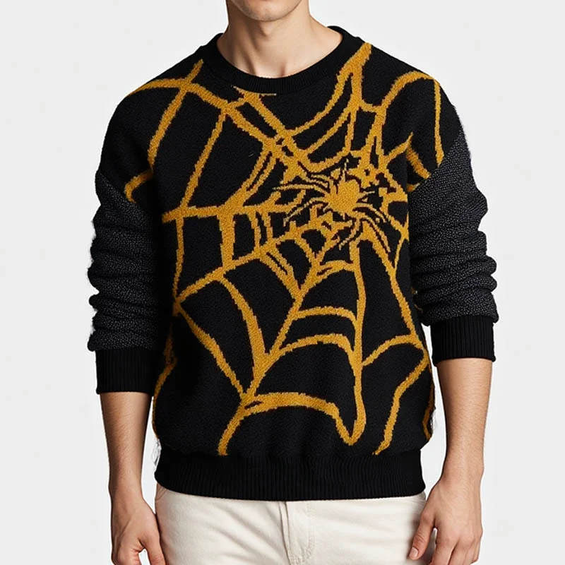 

Fashion Men Autumn Winter New Style Round Neck Sweater American Retro Spider Web Pattern Jacquard Knitted Base Layer Top