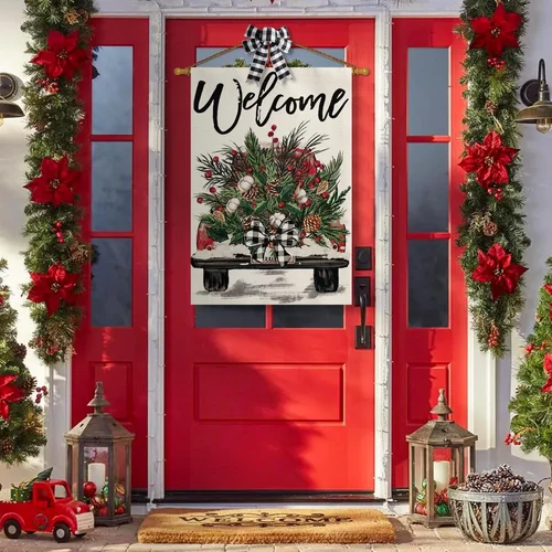 Christmas House Flag 28X40 Inch Double Sided Outside, Winter Holiday Truck Rusti 7445005699621 AAV hhz