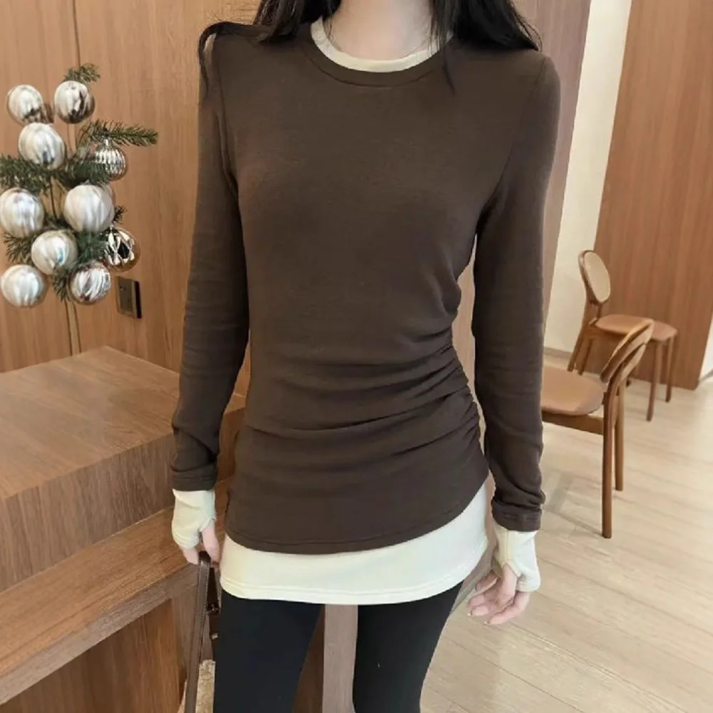 Thickened Long Sleeve Thermal T-Shirt Women's Korean Style Fleece Lined Mid-Length Big Size Fake Two-Piece Top for Autumn Win...