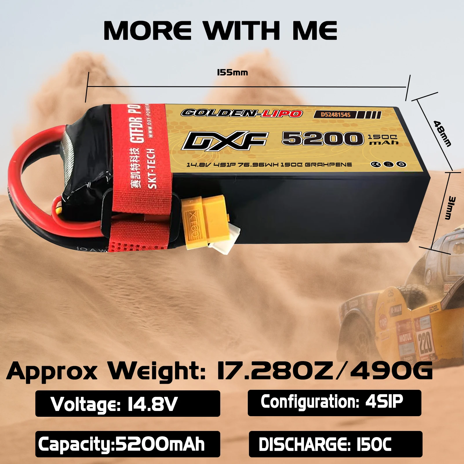 DXF 4S Lipo Battery 14.8V 5200mAh 150C Hard Case Battery with XT60 Connector for Car Truck Tank RC Buggy Truggy Racing Hobby