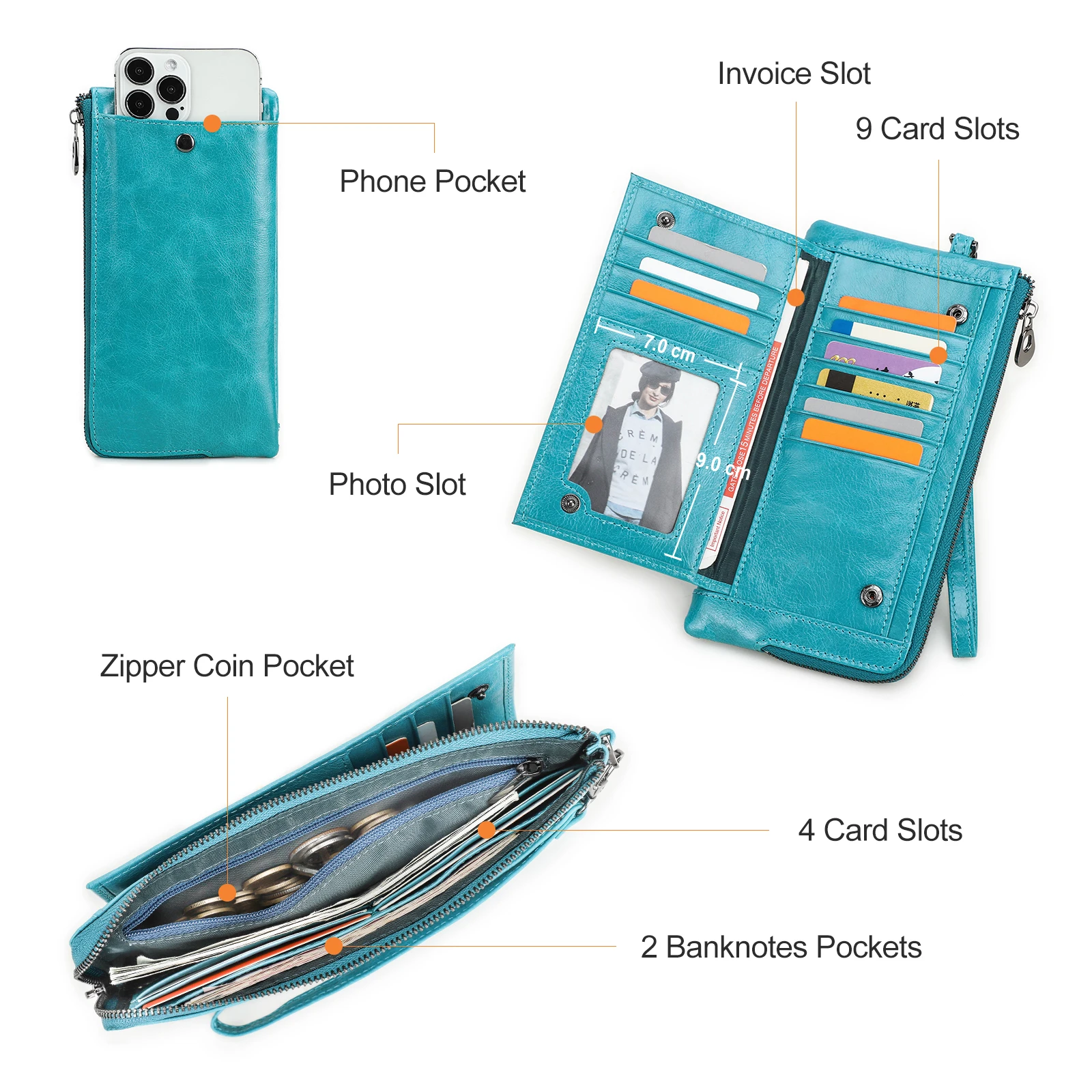 Genuine Leather Wallet Women Coin Purse Female Long Walet RFID Blocking Card Holder Large Capacity Clutch Bag With Phone Holder