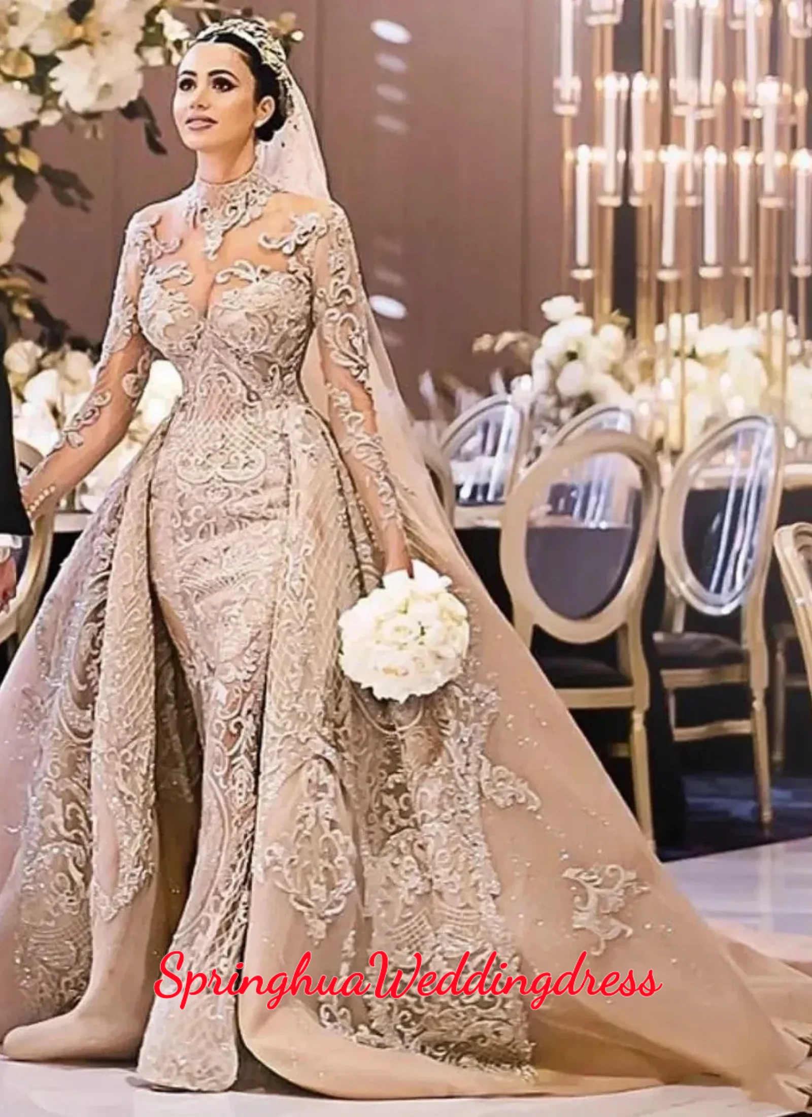 Customized Arabic Champagne Mermaid WeddingDress With Detachable Train High Neck 3D Lace Appliques Long Sleeves Bride Gowns