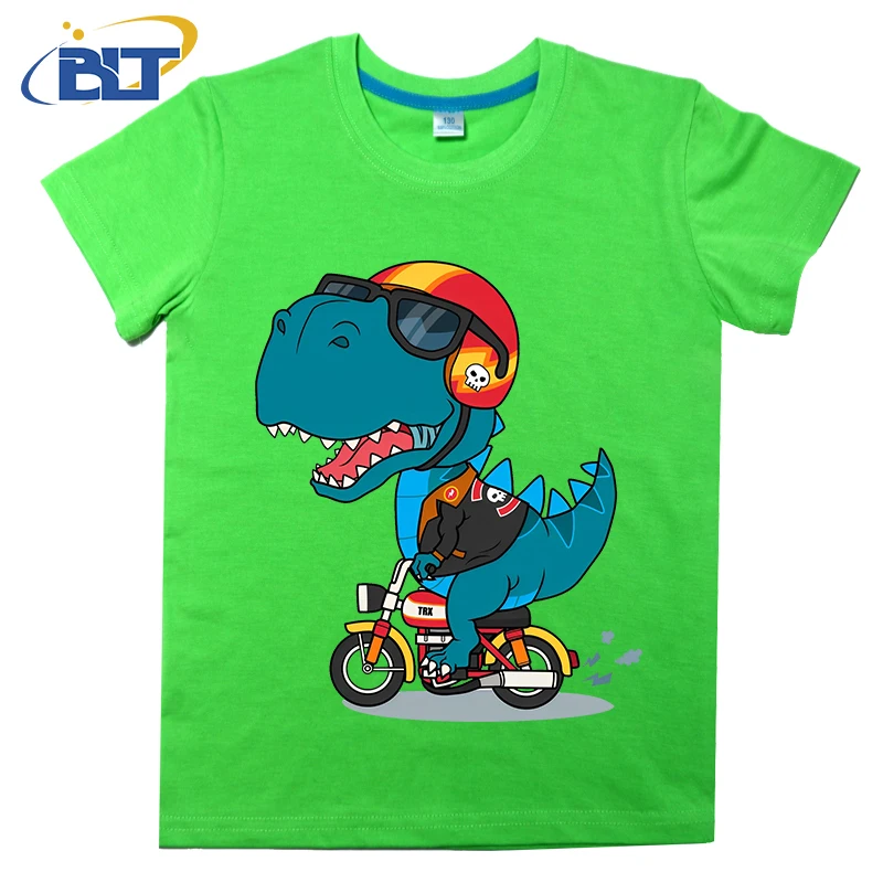 Camiseta fresca con estampado de motorista t-rex para niños, top informal de manga corta de algodón de verano, adecuado para niños y niñas