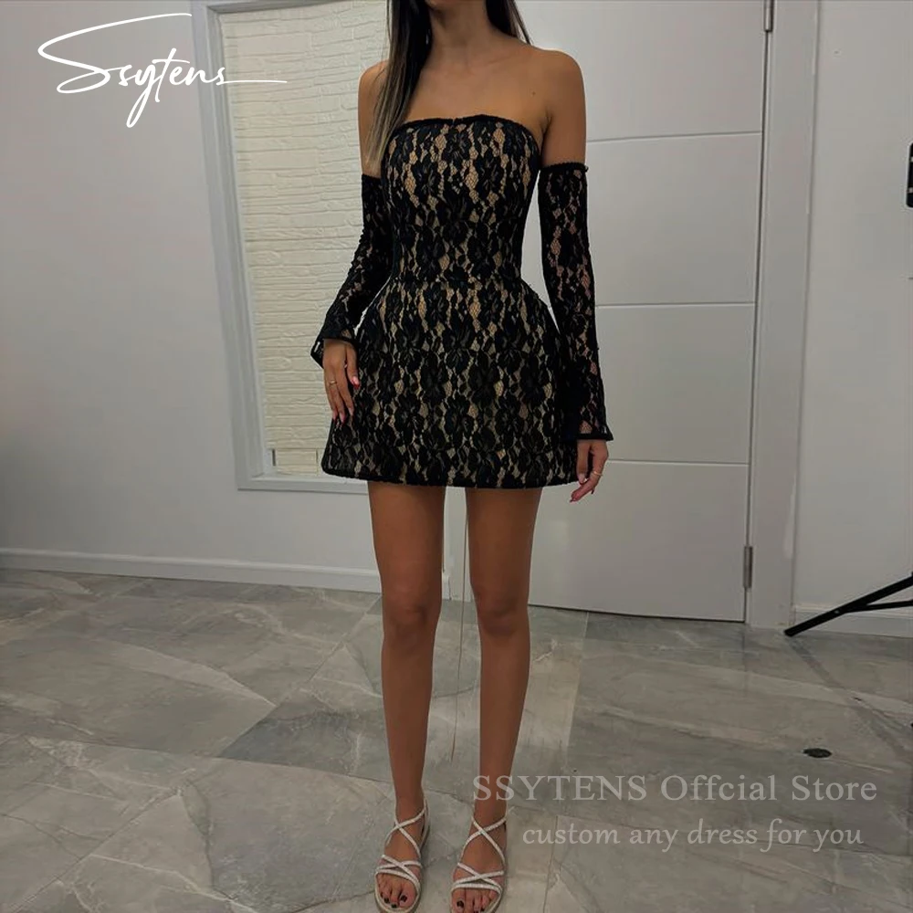 

SSYTENS Long Sleeves Luxury Prom Dress A Line Short Black Lace Party Dress Strapless Customized Night Mini Evening Dresses Woman