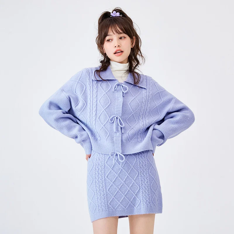 Semir Knitted Suit Women Lapel Sweater Cable Skirt 2023 Winter New Bow Solid Color Two-Piece Set