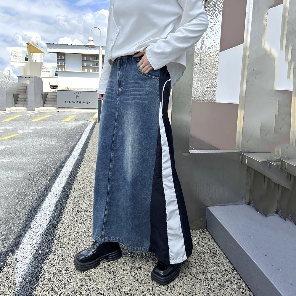 230827 Blue Denim Color-block Long A-line Half-body Skirt High Elastic Waist Women Fashion Tide New Spring Autumn 2024