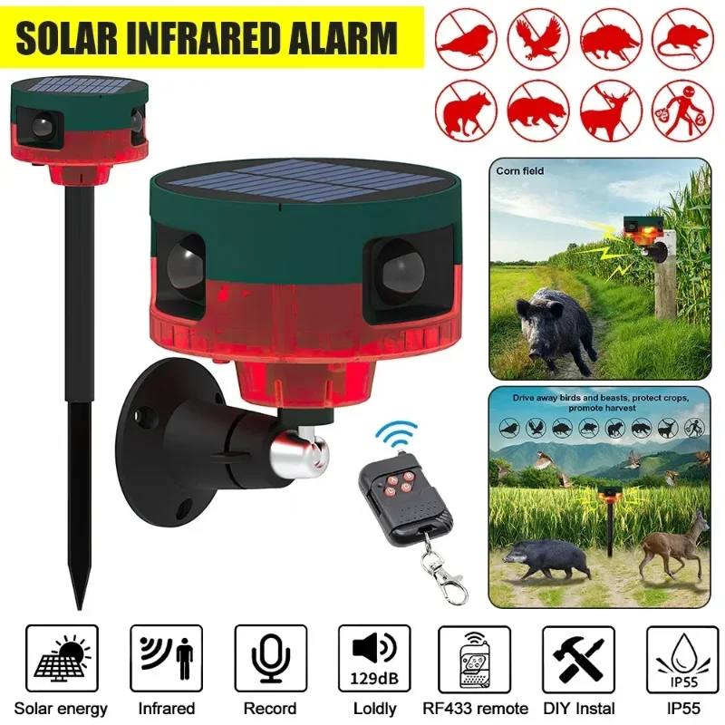 

Solar Infrared Motion Sensor Alarm Detector Waterproof Outdoor Animal Repeller Security Alarm 129dB Dog Barking Gunshots Sound