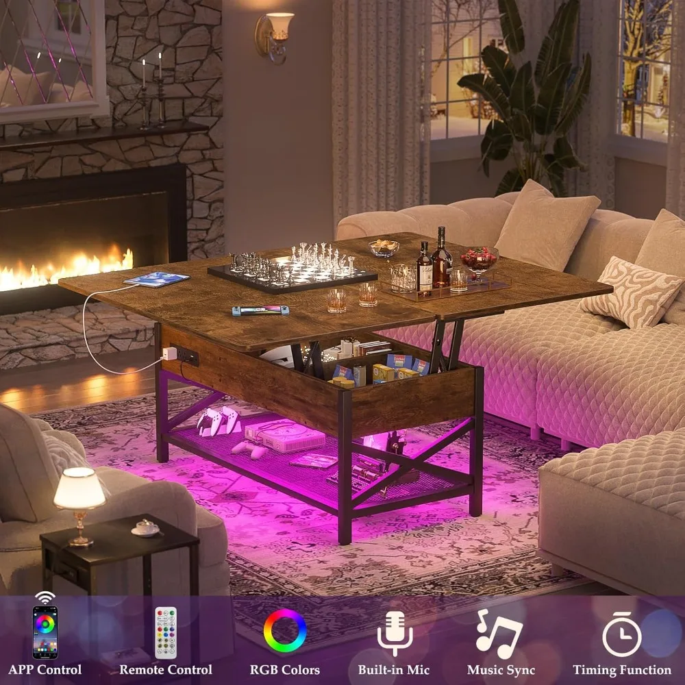 Coffee Table Lift Top with LED Light and Power Outlet, Multi-Function Coffee Table Converts to Dining Table, Center Table with