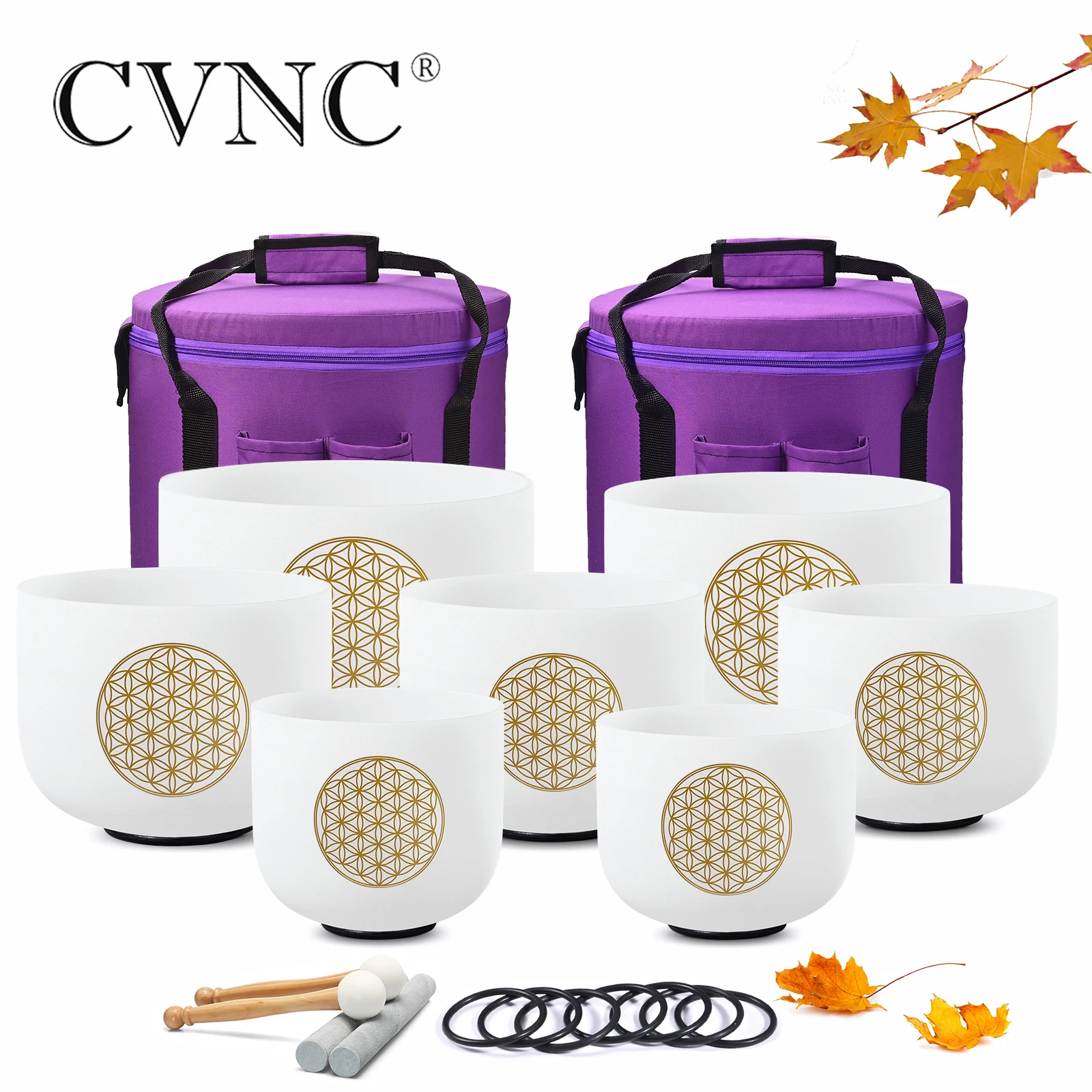 

CVNC 440/432HZ 6-12 Inch Flower of Life Chakra Crystal Singing Bowls set 7PCS for Sound Healing and Meditation with Carry Bags