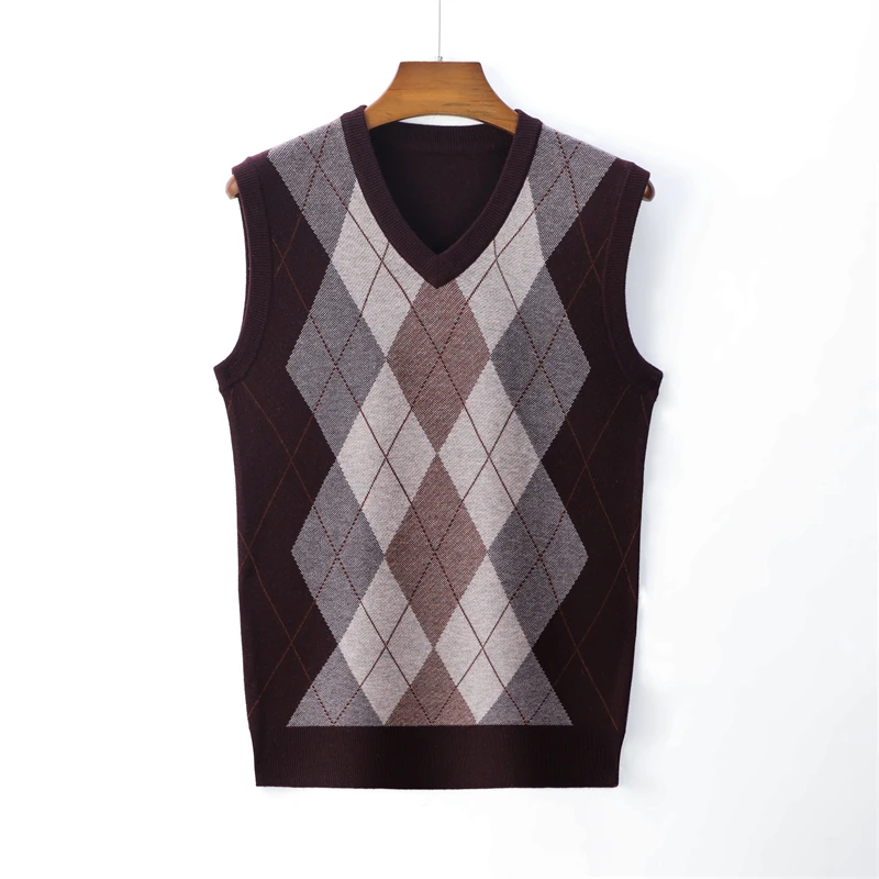 SHAN BAO spring brand 4XL 5XL 6XL 7XL 8XL V-neck knitted vest Classic high-quality rhombus men\'s plaid pullover wool sweater