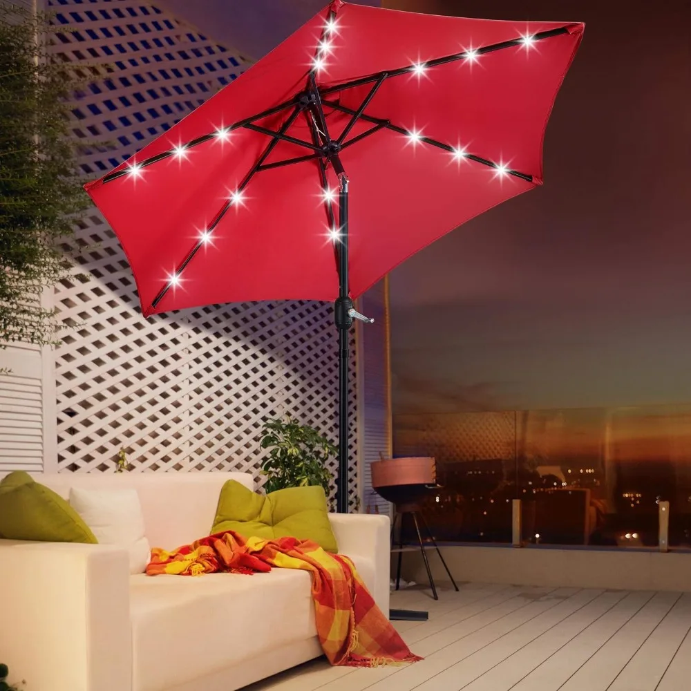 

7.5-foot LED Patio Umbrella with Base, Solar-powered Outdoor Table and Chair Sunshade, All-weather Base Bracket, Customizable