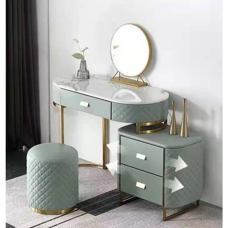 Modern dressers Luxury design vanity makeup table leather and stainless steel dressing table with mirror and stool