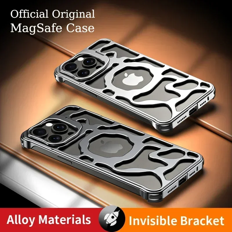 

Titanium Aluminum alloy Case For iPhone 15 14 13 Pro Max Metal Magnetic MagSafe Holder Cloud cooling framework Protective cover