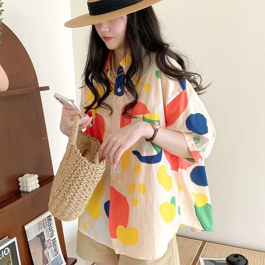 Summer Woman\'s Clothing Blouse Chic Ins Colorful Bright Lively Sweet Youth Creative Contrasting Colors Printing Loose Casual