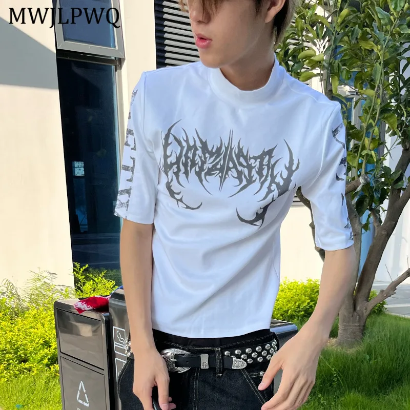 

MWJLPWQ Niche Punk Stand Collar T-shirts Printed Design Five-Sleeve Regular Shoulder Slimming Fit Unisex Short Sleeve Tops 11370