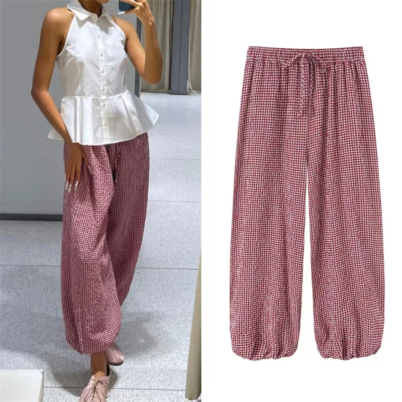 Calças Longas Femininas 2026 Novo Estilo de Verão Xadrez Vermelho com Cordão Calças Lanternas Longas Moda Casual para Férias na Praia
