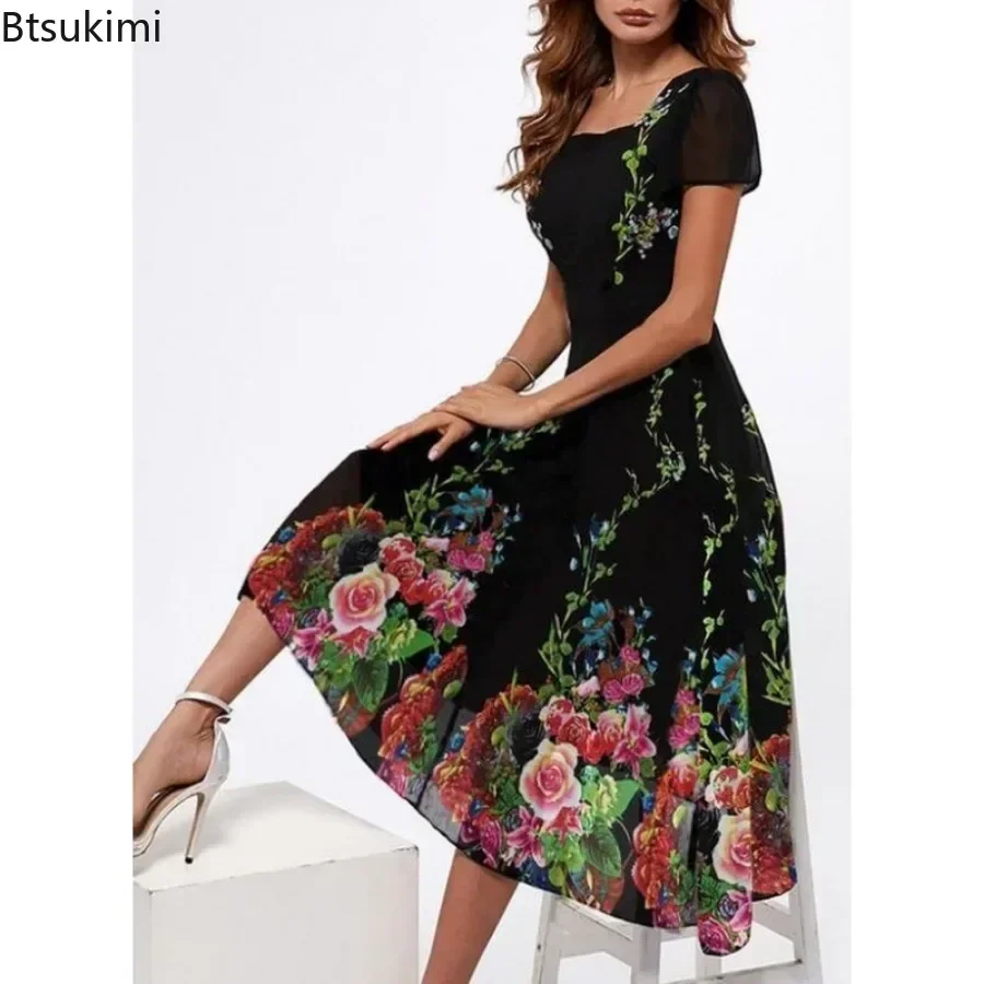 2026 Women\'s Summer Casual Dress Floral Print Square Neck Ladies\' Evening Party Dress Vintage Long Dress Female A-Line Vestidos