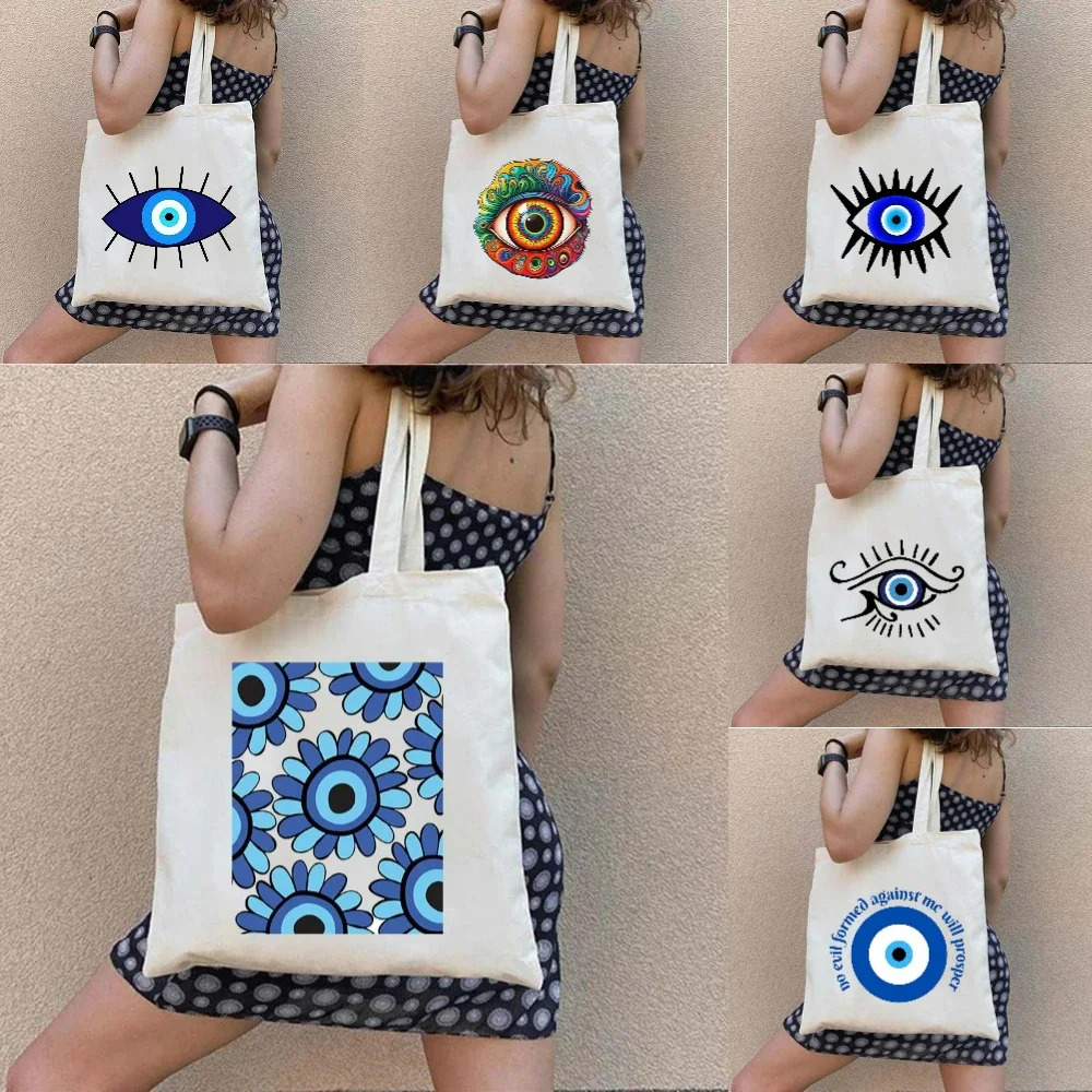 

1pc Graffiti Greek Evil Eye Printed Canvas Bag Fashionable Study Work Travel Bag Shopping Handbag Women Yoga Bag Daily Use