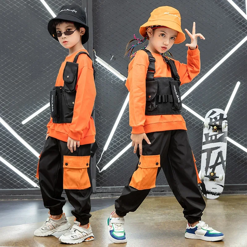 Ragazza ragazzo Jazz costumi di danza vestiti Street Wear bambini gare abbigliamento Hip Hop felpa Top pantaloni Cargo gilet Bag