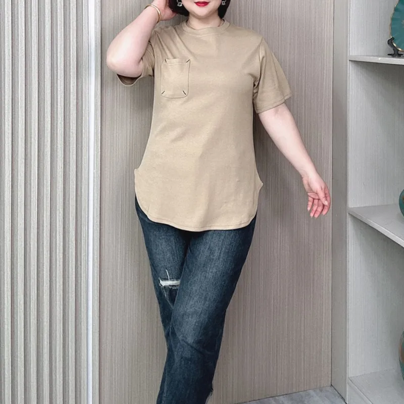 Summer Casual Curved Top Women 2024 New Plus Size Loose Pocket Embroidery Short Sleeve Cotton T-shirt