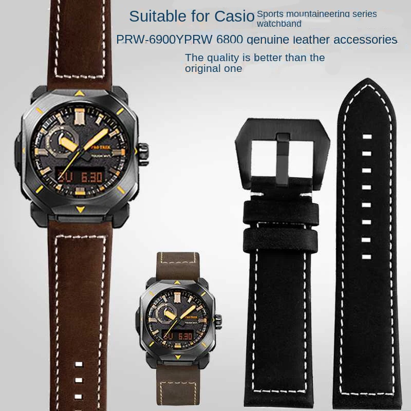 สายนาฬิกาหนังวินเทจ23มม. สำหรับ Casio ผู้ชาย PRW-6900Y ชุด PRW6800ย้อนยุคสายรัดข้อมือสีดำสีน้ำตาล