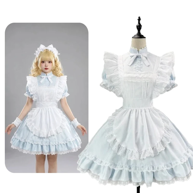 

Alice Cosplay Costume Blue Maid Uniform Lolita Japanese-style Dress with Apron Headwear Full Set for Women Theme Party